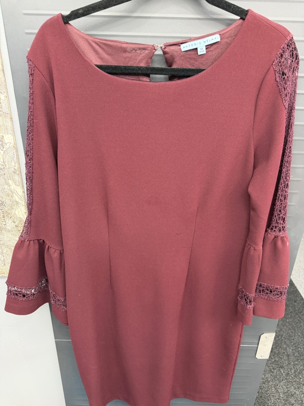 ANTONIO MELANI Rosewood Lace-Trim Bell Sleeve Dress